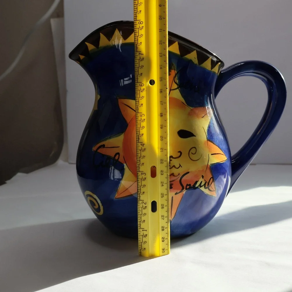 Hausenware Celestial Sun Moon Pitcher Blue Ceramic Soleil Etoile‎ 8 Inch